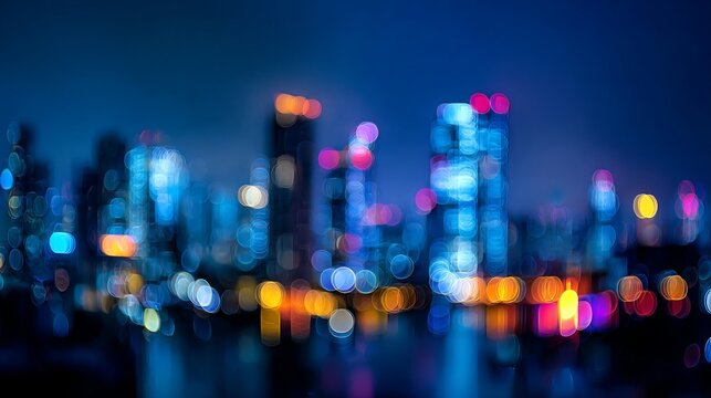 Abstract night cityscape with blue light filter, soft glowing bokeh, dark urban background, display or montage overlay template