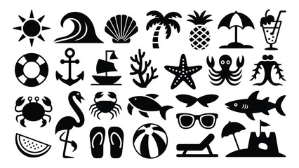 Obraz premium Black and white tropical beach vacation icon set