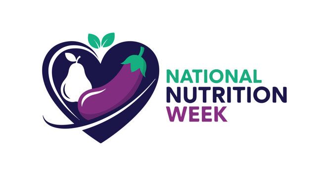 National Nutrition Week celebration with heart symbol featuring eggplant and pear, promoting healthy eating and wellness
