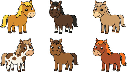 Obraz premium Adorable Pony Cartoon Vector Collection Featuring Cute Horse Farm Animal Characters with Hand Drawn Illustration Style for Kids Educational and Creative Design Projects