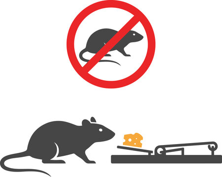 A simple graphic illustration showing a rat near a mousetrap with a prohibited warning sign