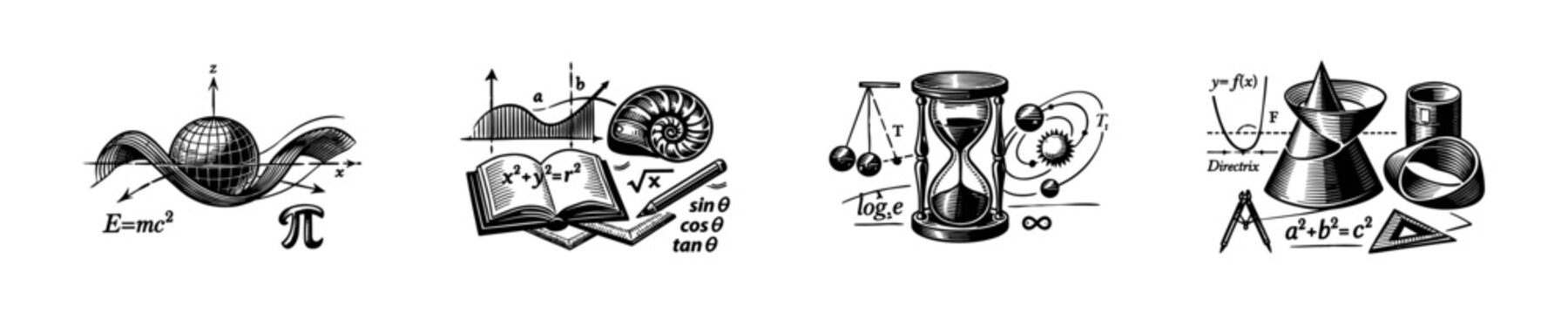 Collage of mathematical concepts and scientific illustrations in vintage style