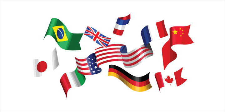 Flags of various countries flying in the air on white background