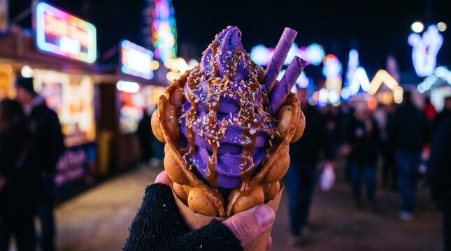 Hand holding purple ice cream in a bubble waffle at a vibrant night festival