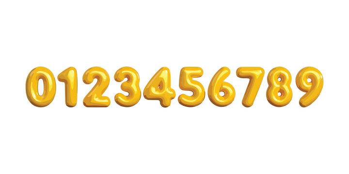 Golden 3D shiny numbers from zero to nine on white background