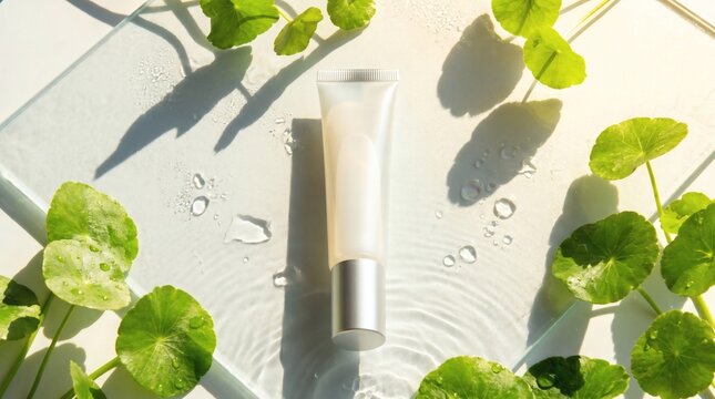 Cica sunscreen tube on water surface with fresh green centella leaves