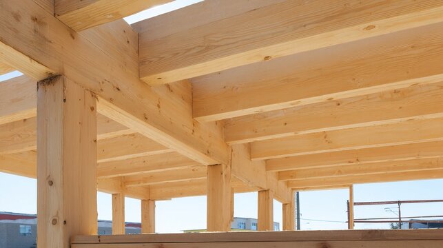 structural. A wooden house frame under construction, highlighting structural beams and clean architectural details. real-estate listings.