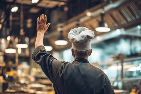 Back view of a professional chef in uniform raising hand in a busy commercial kitchen, gesturing or signaling while working in a modern restaurant environment.