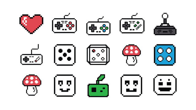 Set of retro pixel art game controller icons and emoticons