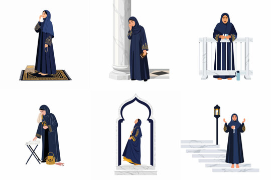 Vector set of a grieving Muslim woman in a blue abaya, depicting themes of sadness, prayer, and mourning in various Islamic settings.
