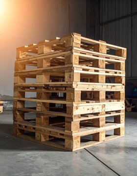 A high-quality 3D illustration of a stack of brown wooden pallets isolated on a white background, perfect for industrial cargo, warehouse storage, and shipping logistics business concepts