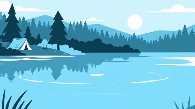 Blue camping scene by lake with trees, mountains, and tent