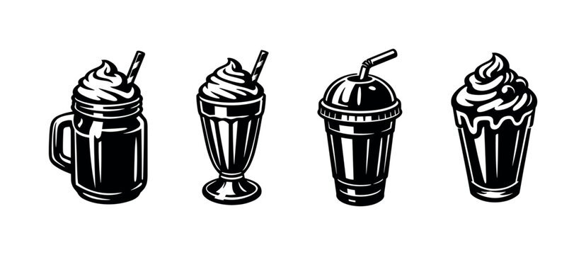 Collection of stylized black and white milkshake and smoothie icons