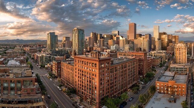 Downtown Denver skyline panorama at night, glowing city lights, wide urban cityscape, Rocky Mountain backdrop background