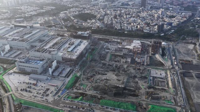 Aerial view of tsmc semiconductor manufacturing fab in taiwan