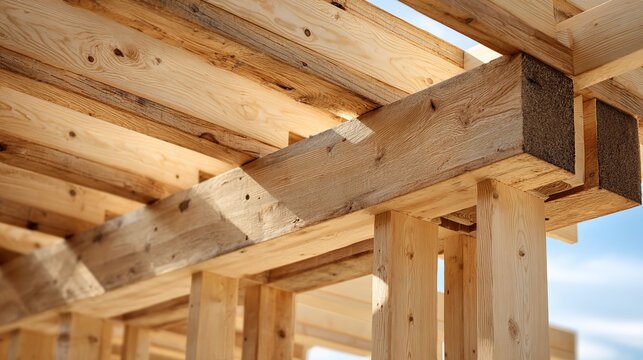 structural. A wooden house frame under construction, highlighting structural beams and clean architectural details. real-estate listings.