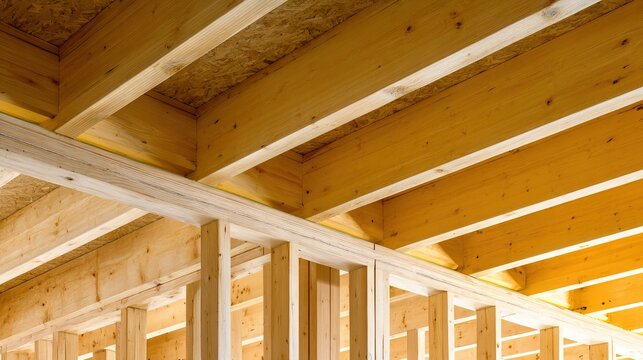 structural. A wooden house frame under construction, highlighting structural beams and clean architectural details. real-estate listings.
