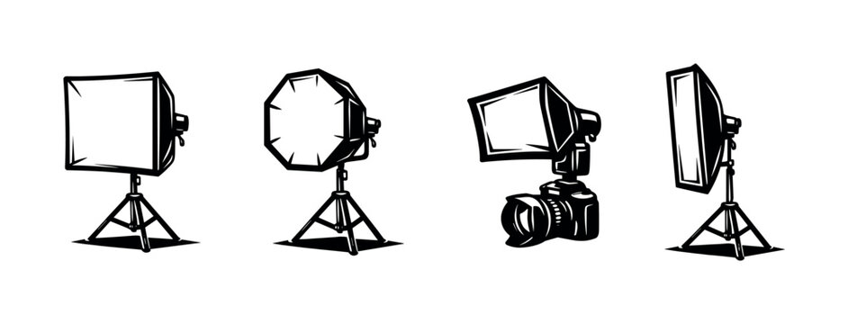 Collection of studio lighting equipment and camera for professional photography