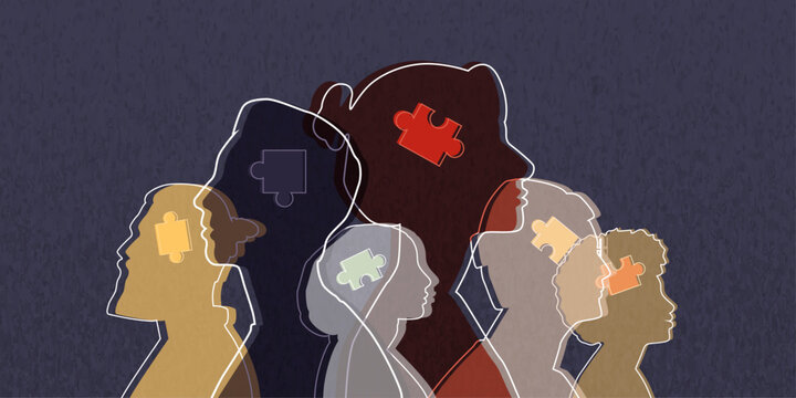 People silhouettes with puzzle elements.