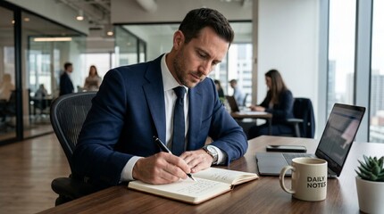 Obraz premium Focused Businessman Writing Notes at His Desk in a Modern Office Environment
