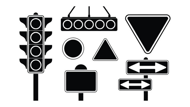 Black and white traffic signs and signals icon set