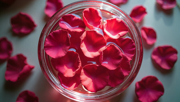 Floating rose petals in glass bowl with oil, serene elegance