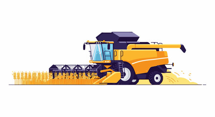 Obraz premium Yellow combine harvester cutting golden wheat field on a clear day