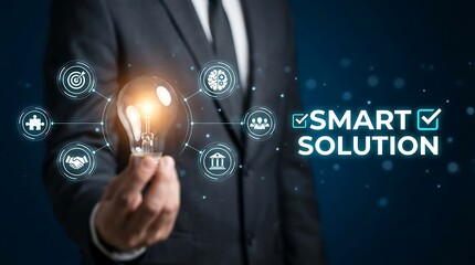 Fototapeta premium Businessman holding a glowing light bulb with connected icons symbolizing innovation, strategy, teamwork, and a smart solution concept