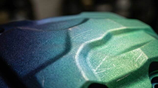 Abstract Close-up of Textured Surface with Blue-Green Gradient and Geometric Ridges, Showing Fine Grain and Scratches