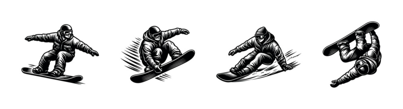 Dynamic snowboarders performing tricks in a stylized black and white illustration