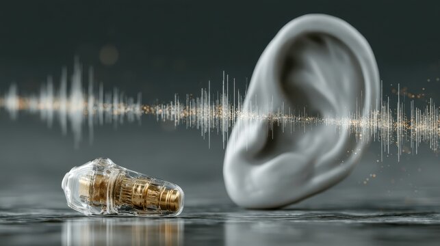 A close-up image of a cochlear implant's internal component resting beside a human ear, highlighting advanced medical technology for hearing restoration.