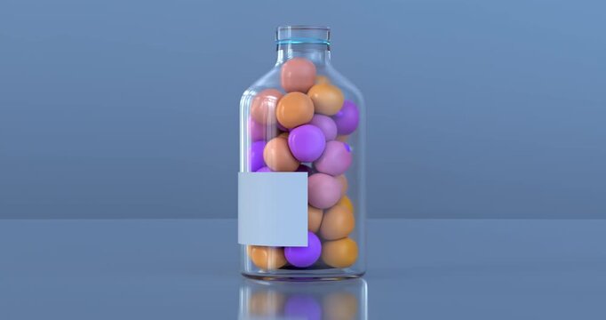 3D rendered animation of a transparent glass bottle filled with colorful pastel candies or pills, featuring a blank white label for branding against a soft blue background.