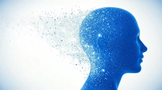 Digital human head silhouette dissolving into particles
