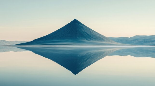 A solitary, dark-hued mountain peak, perfectly mirrored in a tranquil lake, bathed in soft light