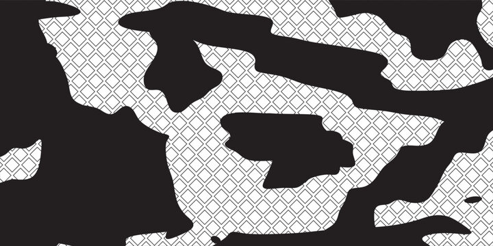 Minimalist black liquid blob camouflage pattern on harlequin grid background design