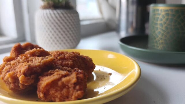 Static close-up shot of a hand picking up a crispy golden fried chicken nugget from a yellow plate on a white table.