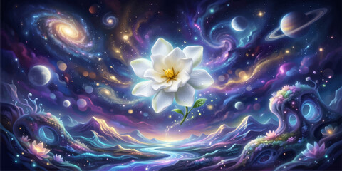 A glowing blue and purple abstract fractal flower illustration explodes with bright star sparkles and magic light patterns against a black background © MDJAHIRULISLAM