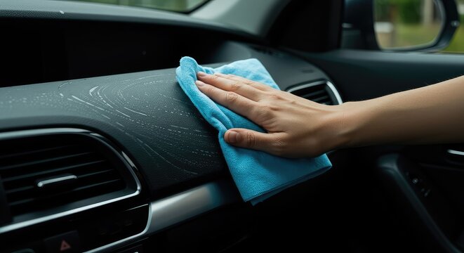 Hand using a soft cloth to meticulously clean and sanitize the dusty inner surface of an automobile, ensuring hygiene and freshness ,cabin ,vehicle ,enclosure