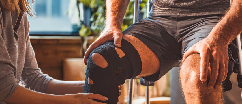 Person receiving treatment for a sore knee while seated in a cozy indoor environment