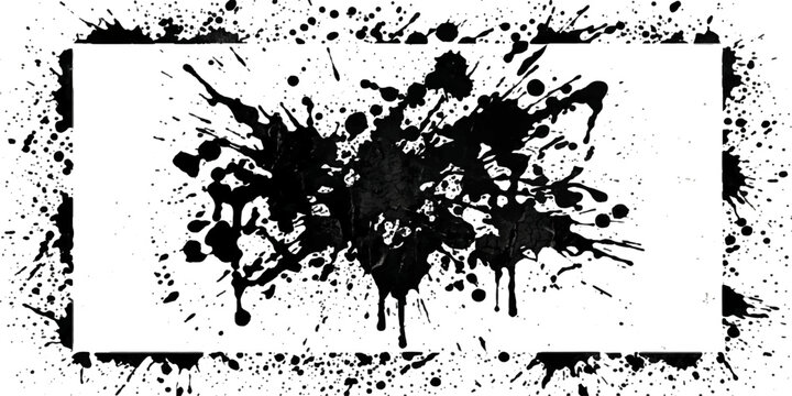 A black grunge ink splat and paint splatter design creates a dirty vector texture background with a silhouette tree element, forming an artistic frame and nature border decoration`f