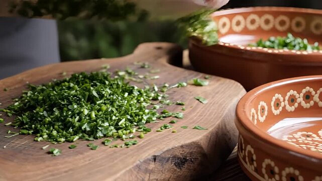 Chopping fresh green herbs on a wooden cutting board for cooking.