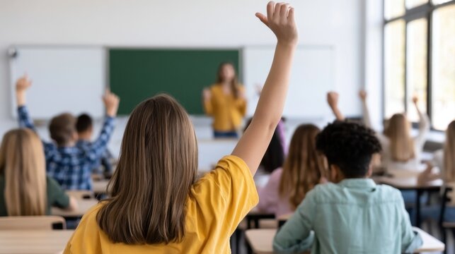 Elementary student raising hand in classroom to answer question or participate