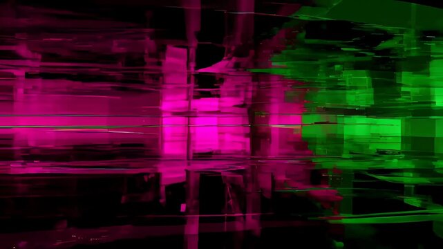 Horizontal glitch digital effect colourful abstract background with dark gradient and minimal light line, creating modern moody texture, magenta and green light on black