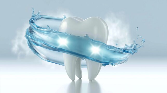 Clean bright white human tooth with sparkling blue water splash wrapping around it showing dental hygiene whitening oral health care medical concept