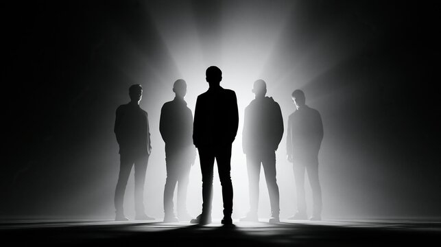 Five male silhouettes standing in row with front man in focus under bright back light against dark foggy background showing business leadership team concept