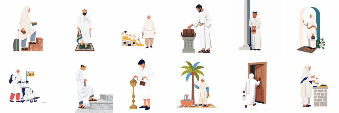 Set of flat vector illustrations showcasing Muslim people participating in diverse religious rituals and travel activities during the Hajj or Umrah pilgrimage.