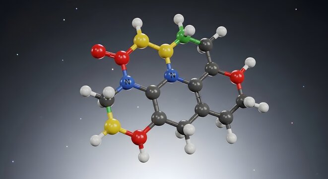 Molecular structure model with colorful atoms and bonds on gray background