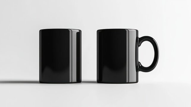 Two glossy black mugs on a white background