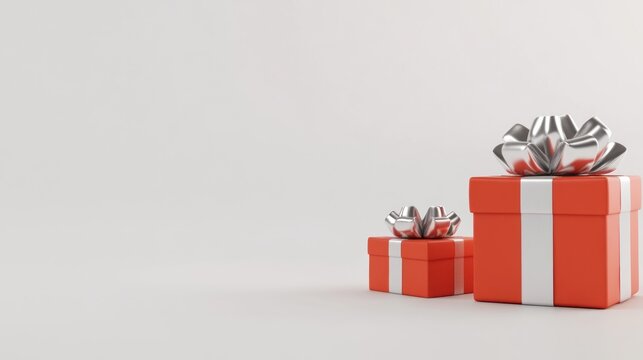 Two stacked, coral-orange gift boxes with silver ribbon bows on a plain white background
