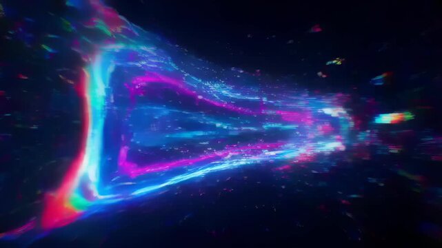 Glitch digital effect colourful horizontal abstract motion light streak with vivid neon glow dark background, colourful digital glitch effect with horizontal light streak, glowing abstract shape